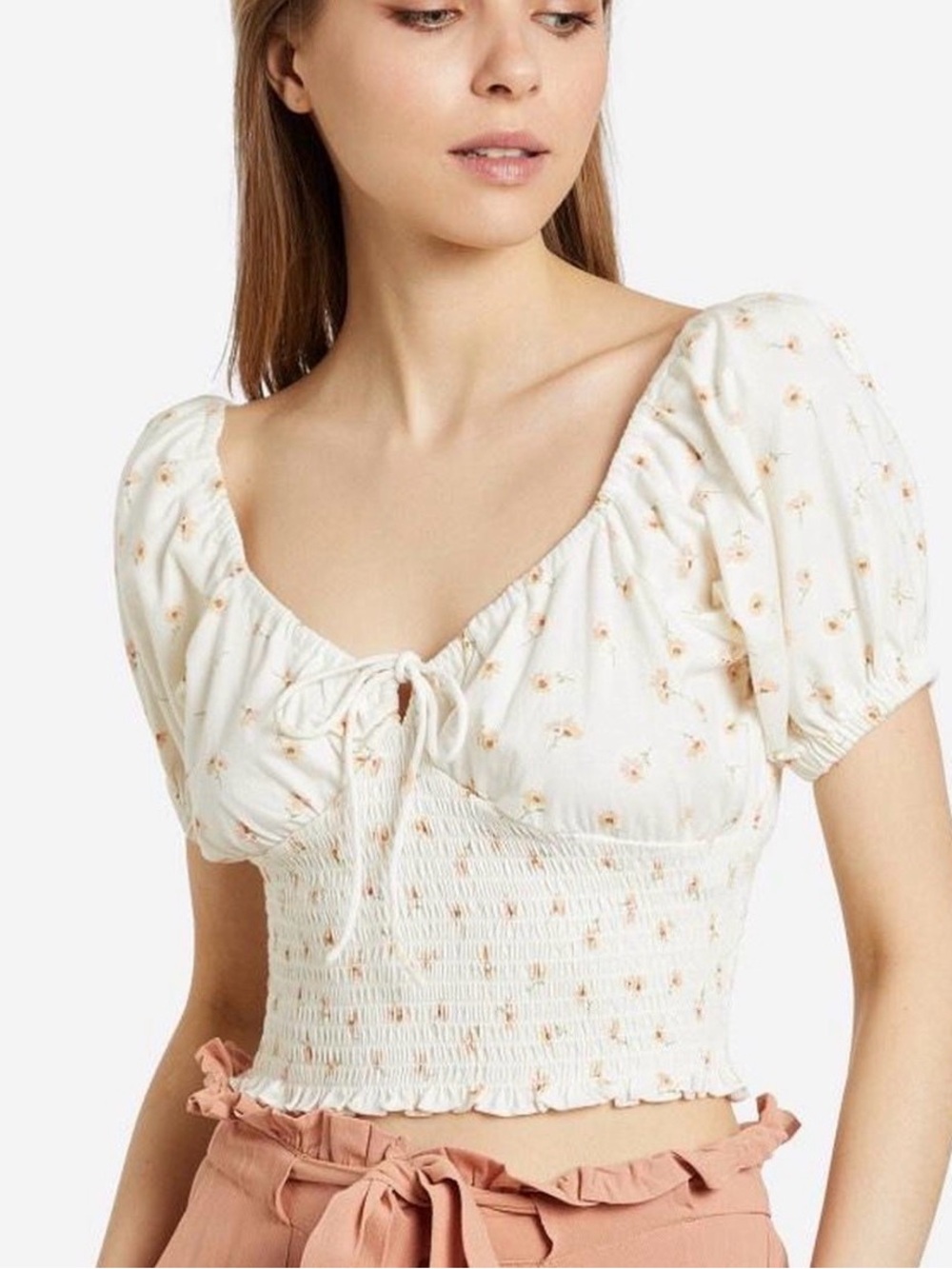 Floral Smocked Crop Top - White with Cream Floral - Xs